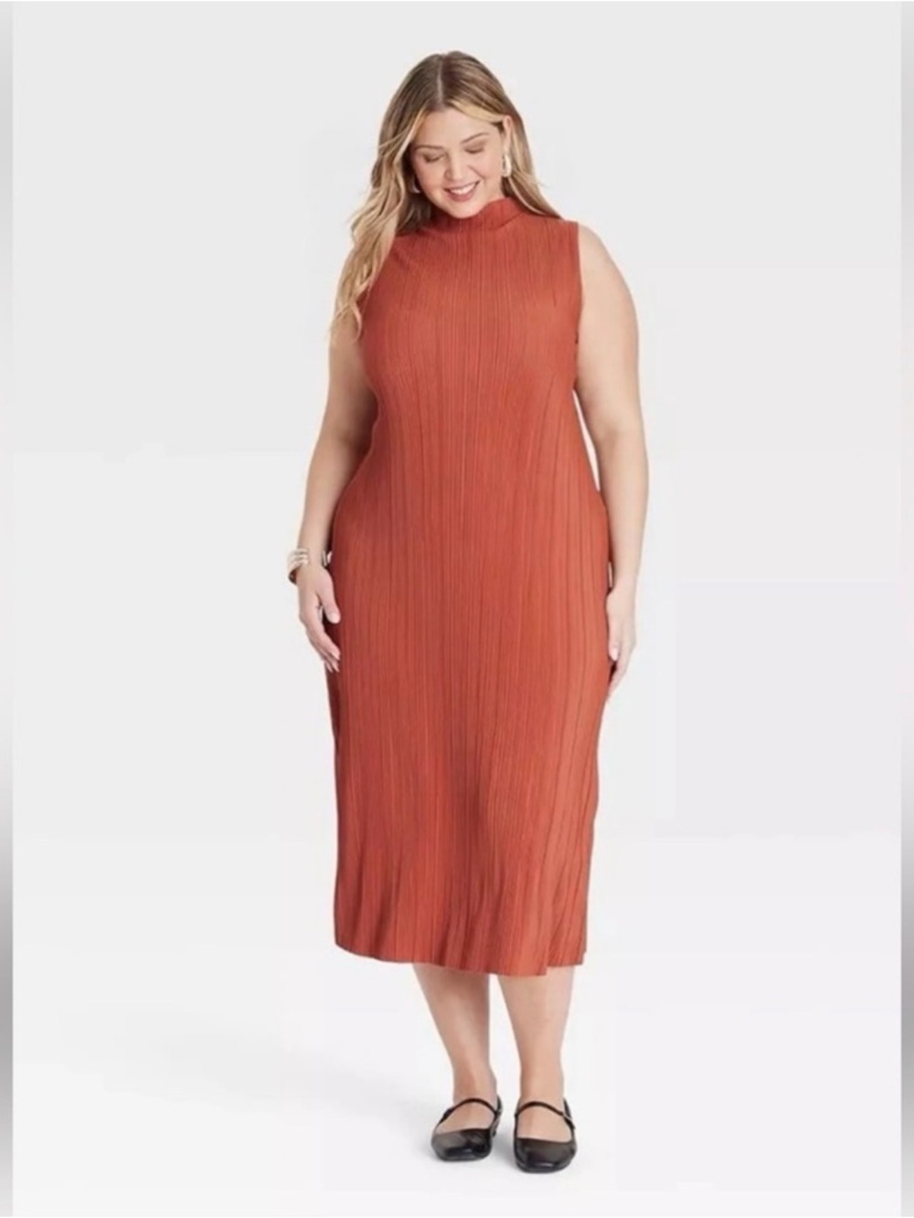 Ava & Viv Sleeveless Ribbed Midi Dress in Rust Orange